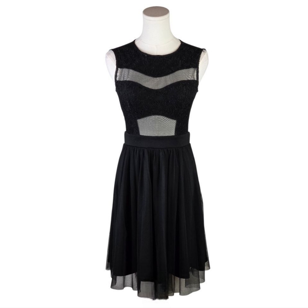 Mystic Black Lace Mesh Fit & Flare Dress S Cocktail Party Semi Formal